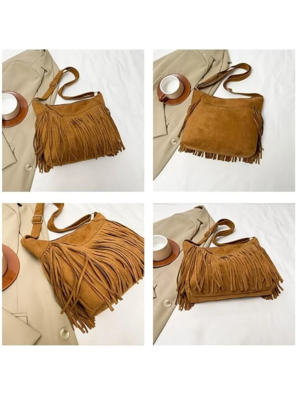 Vintage Suede Fringe Hobo Bag for Women - Hippie Crossbody Purse with Tassels